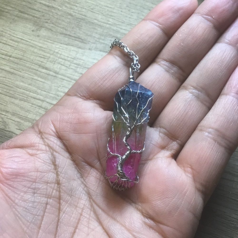 Multicolor Rainbow Tree of Life Healing Crystal Pendant Necklace